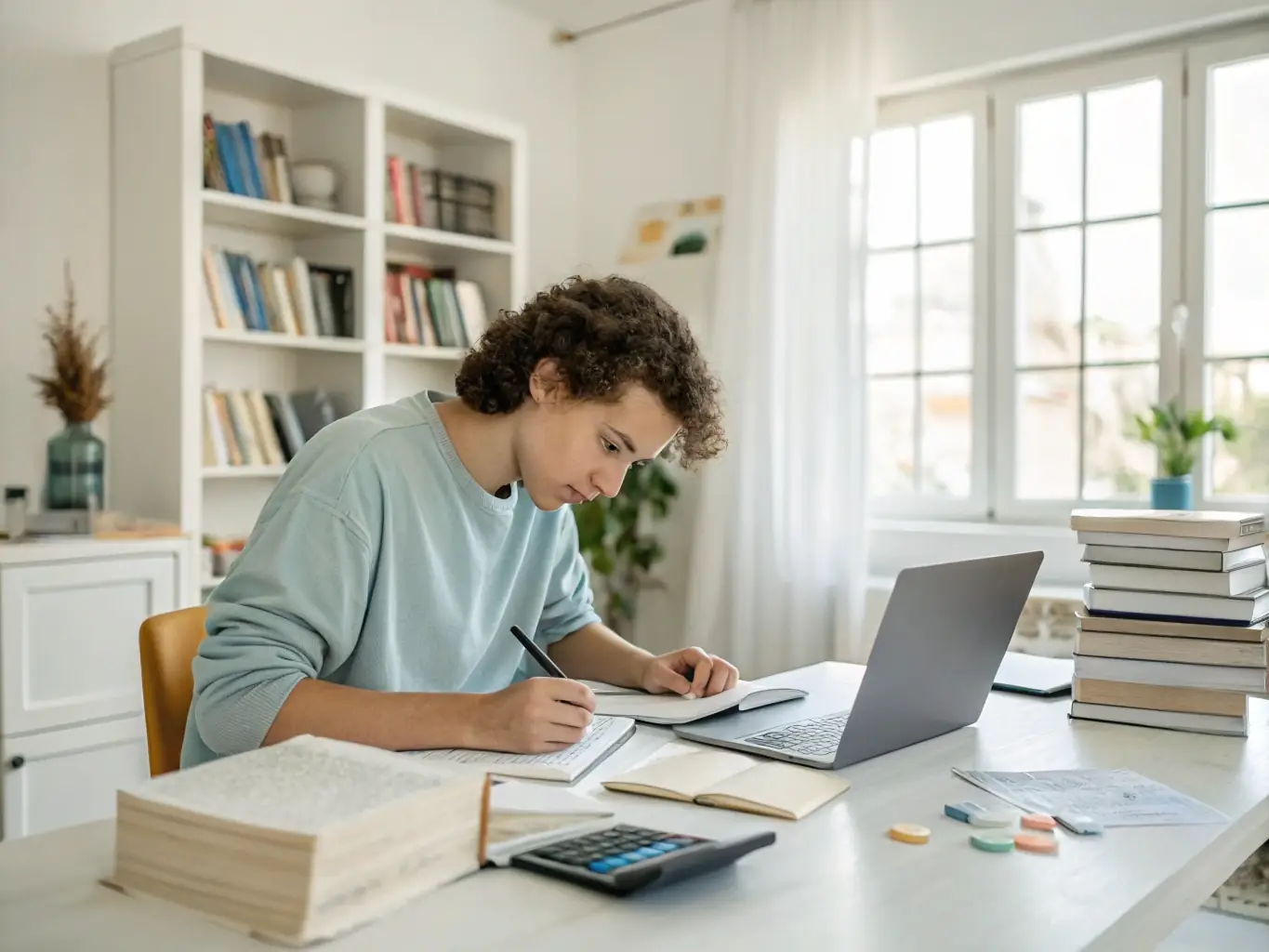 A student studying financial models on a tablet, surrounded by textbooks and notes, with a focus on visual learning and simplified explanations.