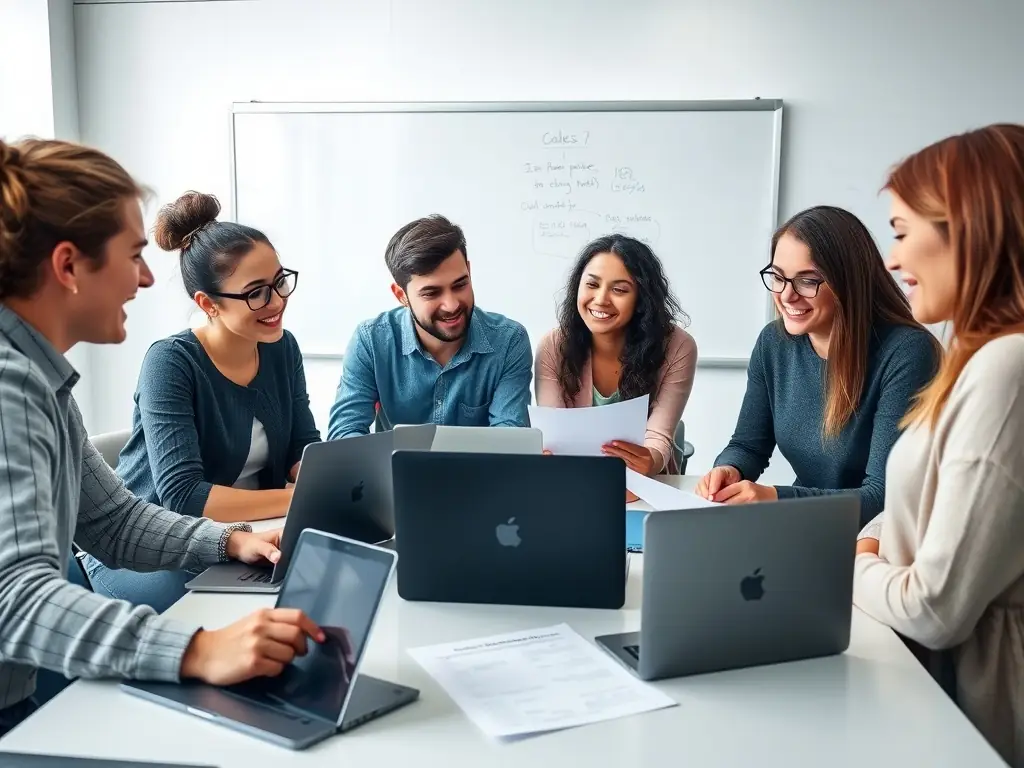 A group of students collaborating on a business strategy project, using mind maps and visual aids to brainstorm ideas and develop strategic plans.